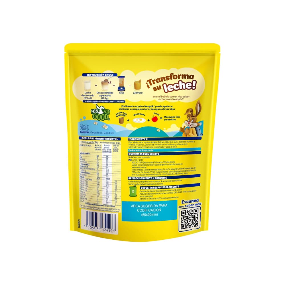 Alimento en polvo para preparar bebida fortificada con sabor a chocolate reducida en azúcar Nestlé Nesquik Plus (280 g / 9.88 oz) - 3